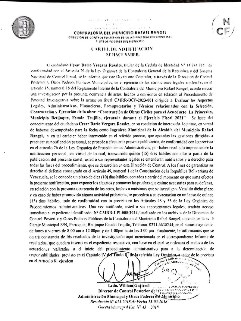 Cartel de notificación al ciudadano CESAR DARIO VERGARA ROSALES, titular de la cédula de identidad Nº. 14.784.735
