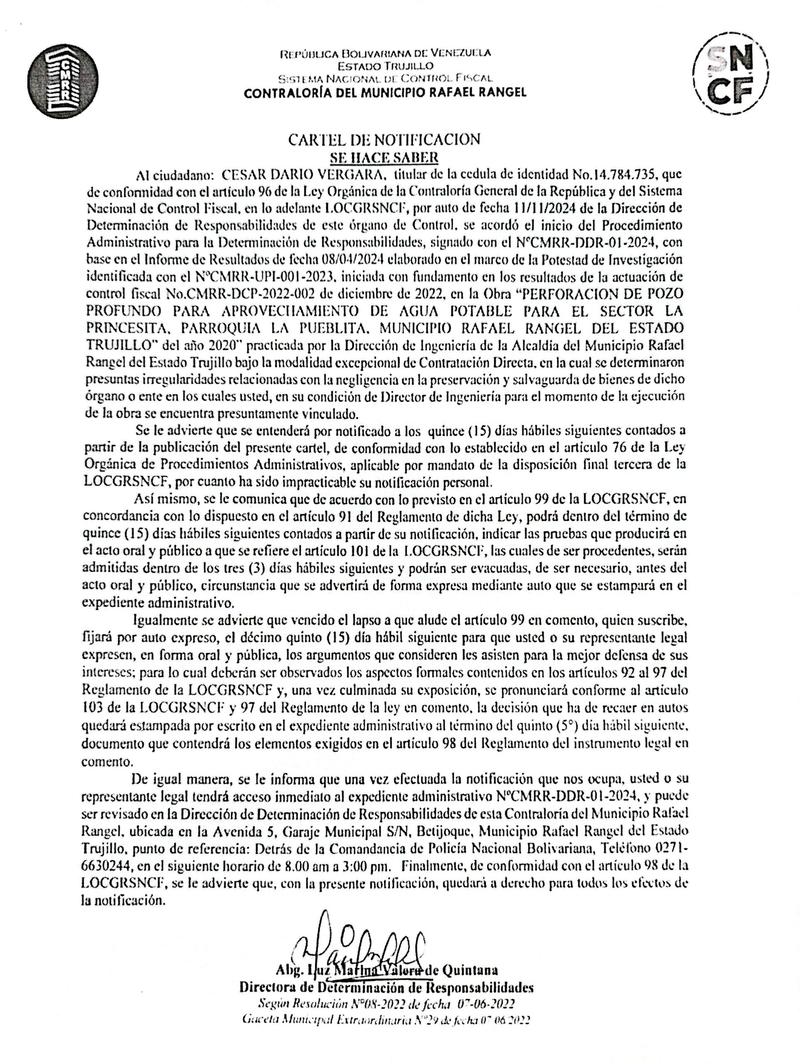 Cartel de notificación al ciudadano CESAR DARIO VERGARA, titular de la cédula de identidad Nº. 14.784.735