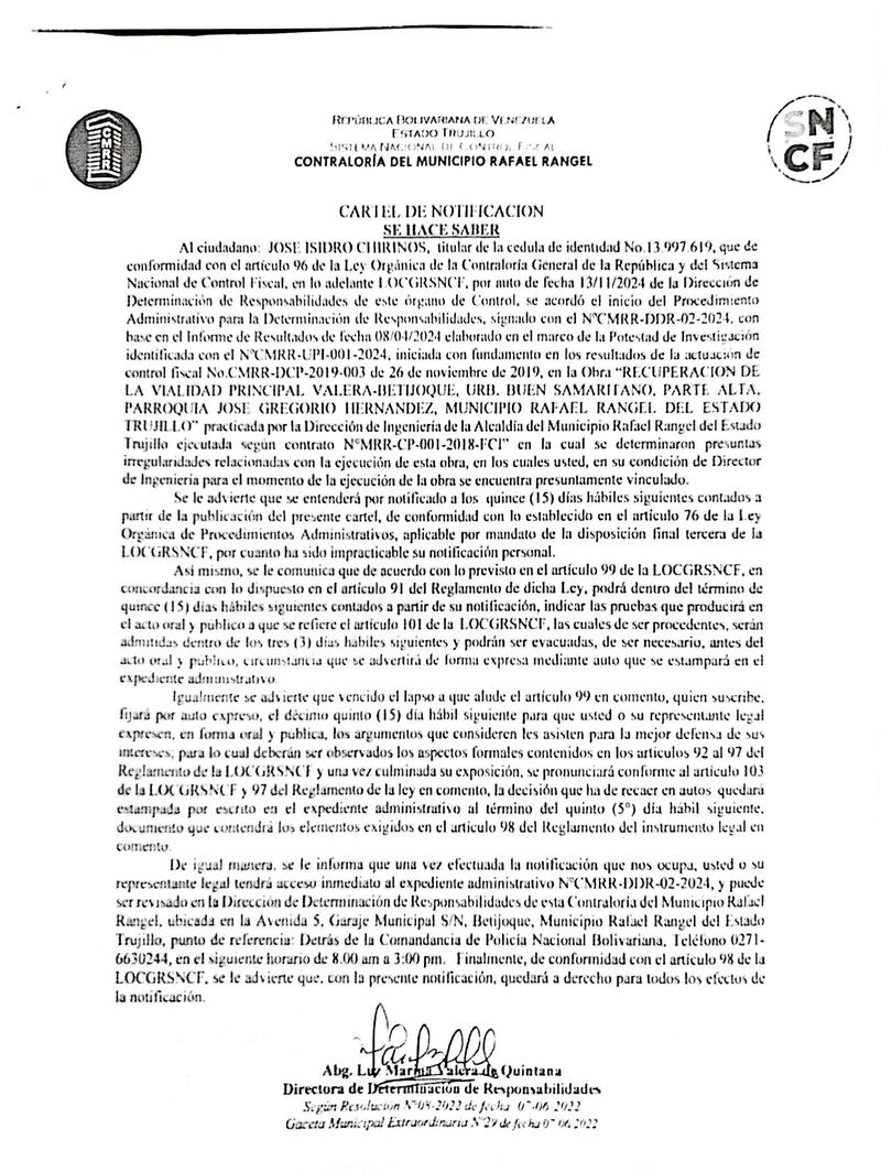 Cartel de notificación al ciudadano JOSÉ ISIDRO CHIRINOS, titular de la cédula de identidad Nº. 13.997.619