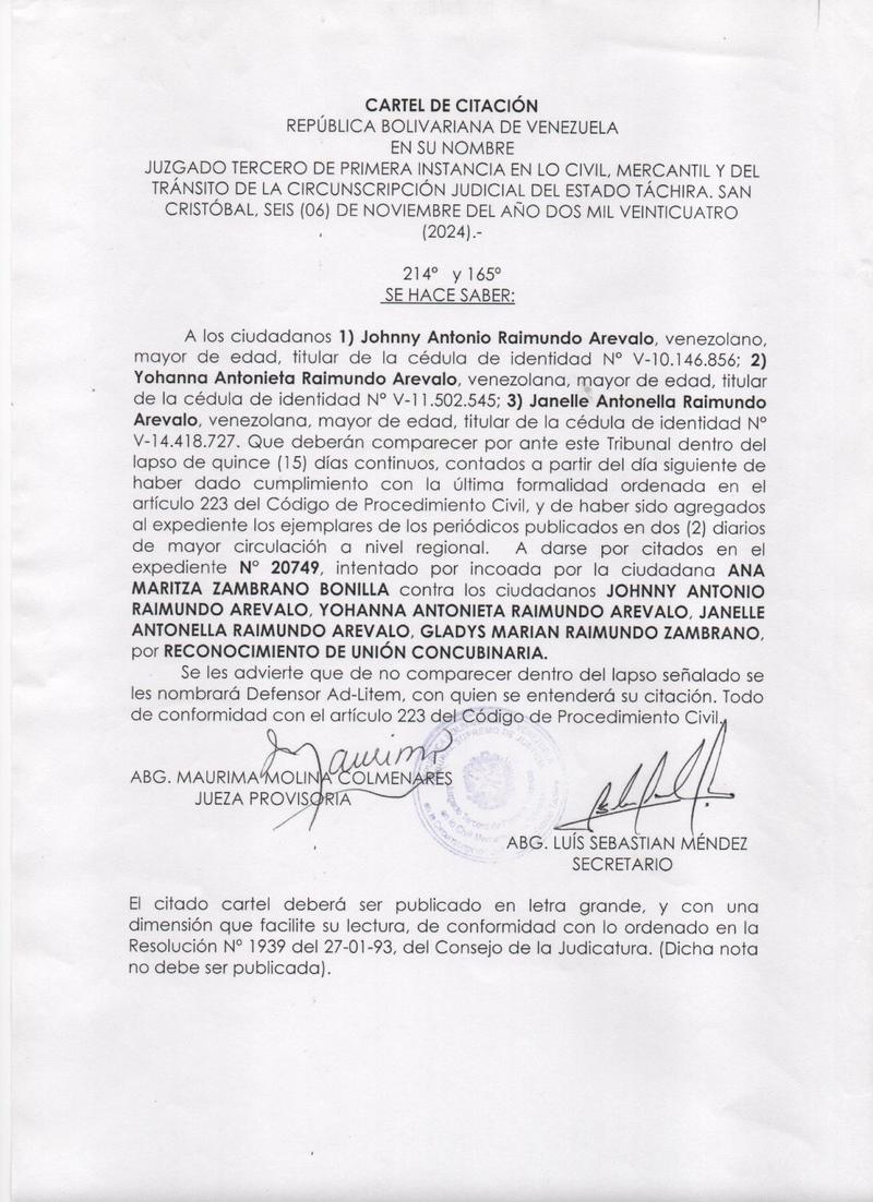 Cartel de citación a los ciudadanos Johnny Antonio Raimundo Arevalo, titular de la cédula de identidad N° V-10.146.856, Yohanna Antonieta Raimundo Arevalo, titular de la cédula de identidad N° V-11.502.545, Janelle Antonella Raimundo Arevalo, titular de la cédula de identidad N° V-14.418.727