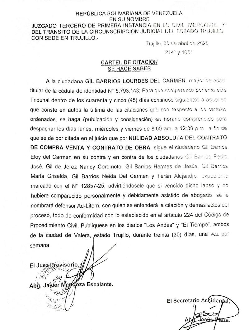 Cartel de citación a la ciudadana GIL BARRIOS LOURDES DEL CARMEN, titular de la cédula de identidad Nº 5.793.143 (12-06-2025)
