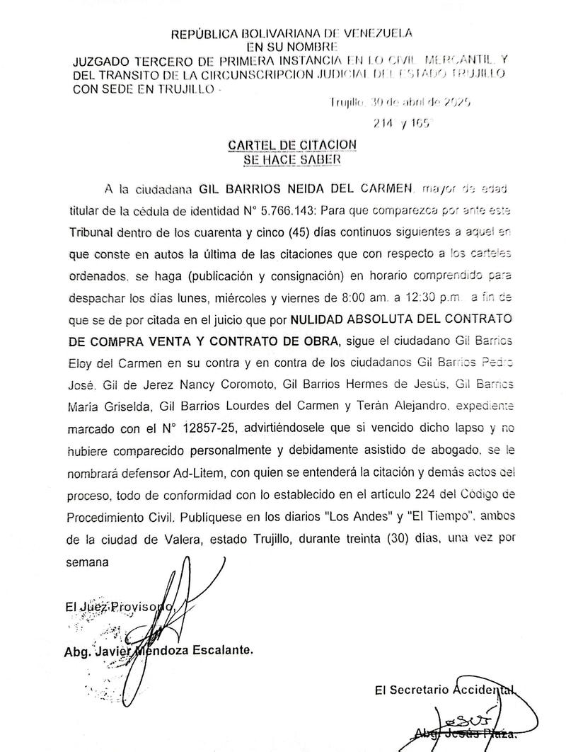Cartel de citación a la ciudadana GIL BARRIOS NEIDA DEL CARMEN, titular de la cédula de identidad Nº 5.766.143 (12-06-2025)