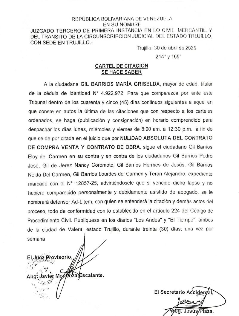 Cartel de citación a la ciudadana: GIL BARRIOS MARIA GRISELDA, títular de la cédula de identidad Nº 4.922.972 (12-06-2025)
