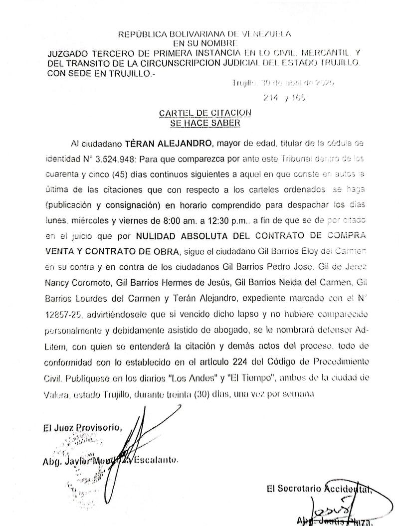 Cartel de citación al ciudadano TERÁN ALEJANDRO, titular de la cédula de identidad Nº 3.524.948 (12-06-2025)