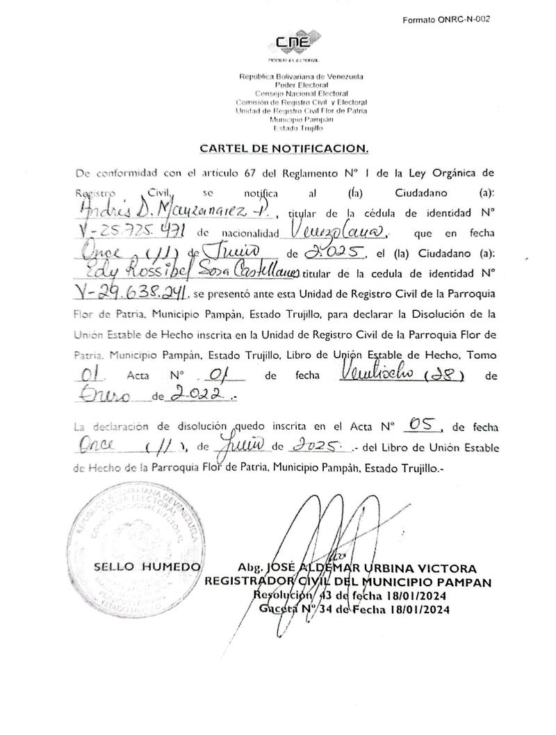 Cartel de notificación al ciudadano Andrés D. Manzanarez P. portador de la cédula de identidad Nº 25.725.471