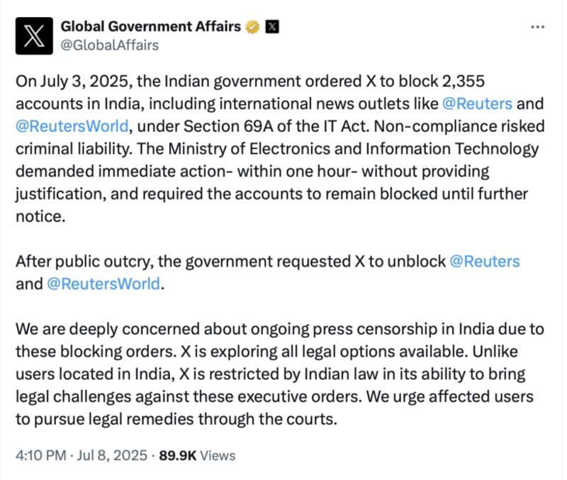 X Denies Govt Statement on Reuters, Says it Received Blocking Orders for Over 2,000 Accounts