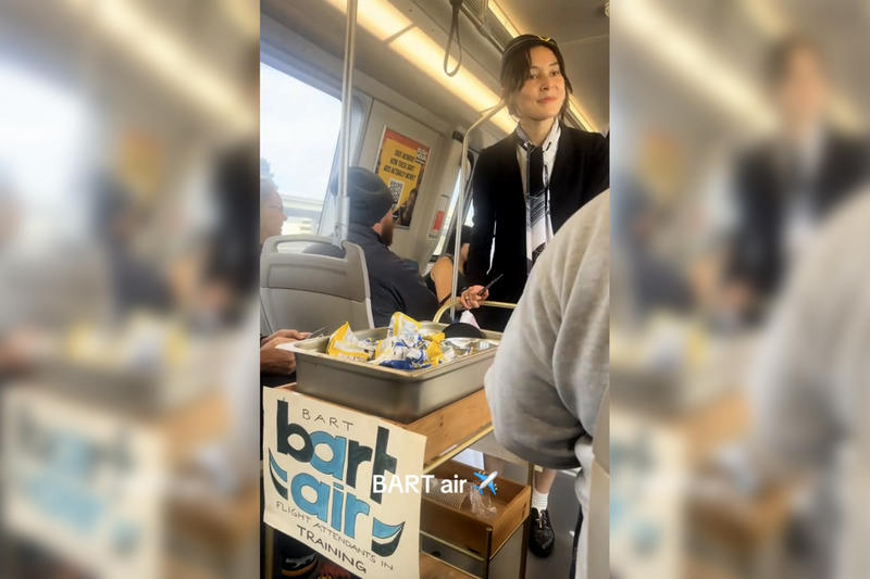 Hilarious videos of fake in-flight drink service on BART go viral