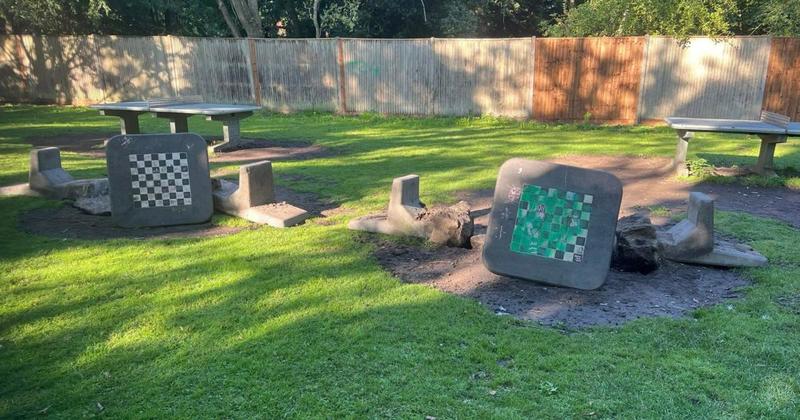 Section of park vandalised with chess tables damaged