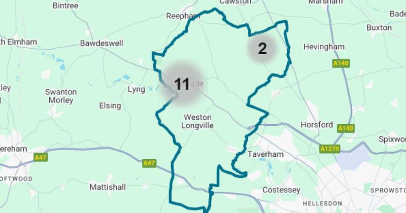 The streets in Taverham and Drayton with the most reported crimes
