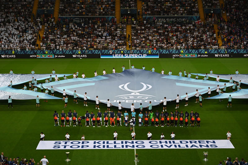 Uefa’s ‘Stop killing children’ banner isn’t fooling anyone