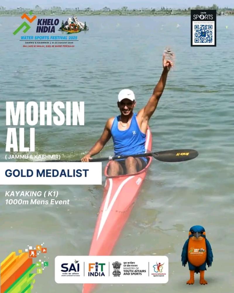 J&K’s Mohsin Ali Strikes Gold at Khelo India Water Sports Festival