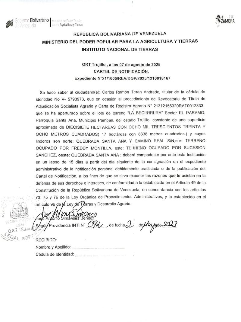 Cartel de notificación al ciudadano Carlos Ramon Teran Andrade, titular de la cédula de identidad No V-5793973