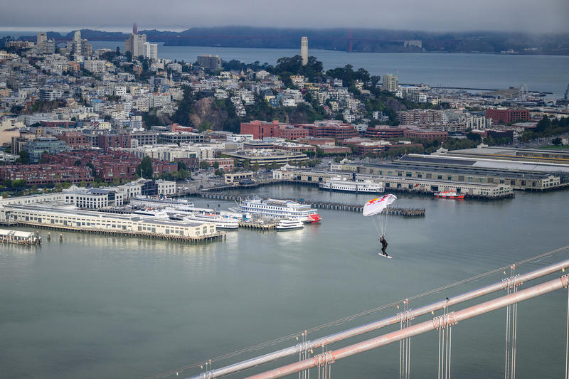 Man skysurfs onto Bay Bridge suspension cables for jaw-dropping Red Bull stunt