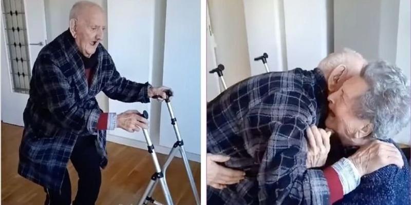 103-yr-old reunites with wife after long hospital stay and ditches his walker in excitement
