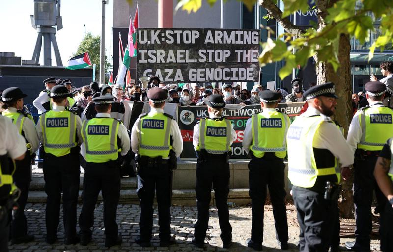 Hundreds of anti-Israel demonstrators rally outside London arms show