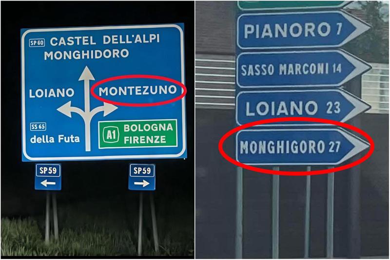 Errore nel cartello stradale: Monghidoro diventa Monghigoro