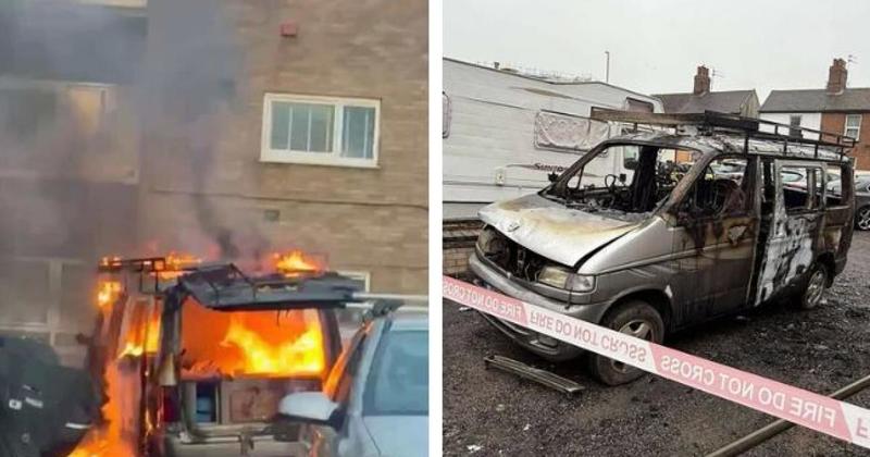 Father and children flee their flat after fire rips through 'welders' van