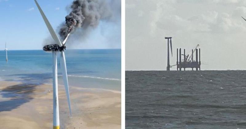 Giant walking barge tears down burnt-out wind turbine