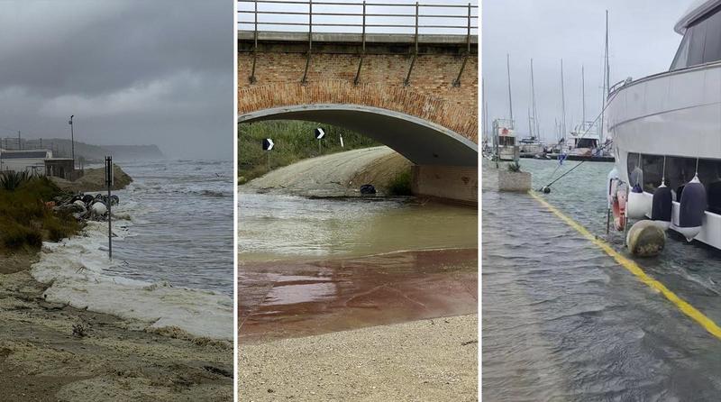 Pioggia e vento fustigano la provincia: a Pesaro traballa la gru, guai a Fano