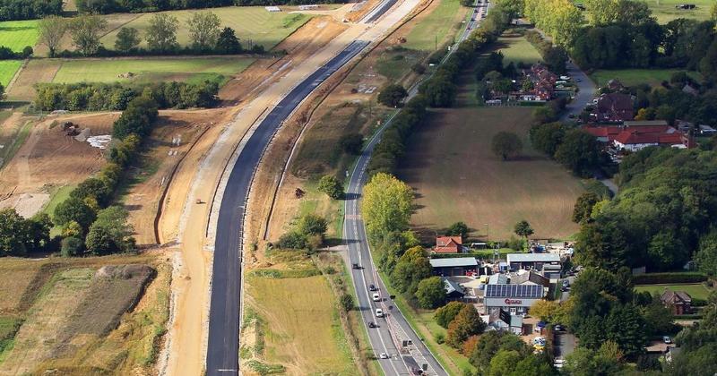 Bird's-eye view pictures show progress to lay surface on dualled A47
