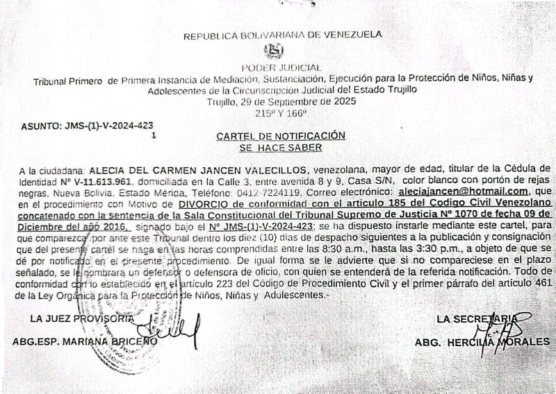 Cartel de notificación a la ciudadana ALECIA DEL CARMEN JANCEN VALECILLOS, titular de la cédula de identidad Nº V-11.613.961 Cartel de notificación a la ciudadana ALECIA DEL CARMEN JANCEN VALECILLOS, titular de la cédula de identidad Nº V-11.613.961