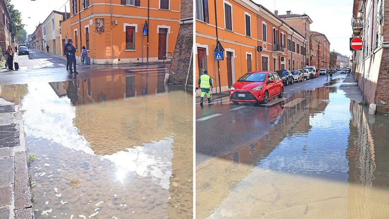 Tubo rotto in via Mascheraio a Ferrara: strade allagate e tanti disagi