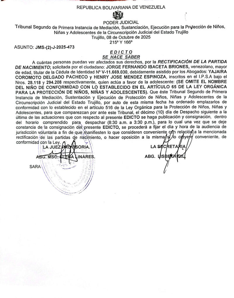 EDICTO. SE HACE SABER A cuántas personas puedan ver afectados sus derechos, por la RECTIFICACIÓN DE LA PARTIDA DE NACIMIENTO; solicitada por el ciudadano: JORGE FERNANDO IBACETA BRIONES, titular de la Cédula de Identidad N° V-11.669.030 EDICTO. SE HACE SABER A cuántas personas puedan ver afectados sus derechos, por la RECTIFICACIÓN DE LA PARTIDA DE NACIMIENTO; solicitada por el ciudadano: JORGE FERNANDO IBACETA BRIONES, titular de la Cédula de Identidad N° V-11.669.030