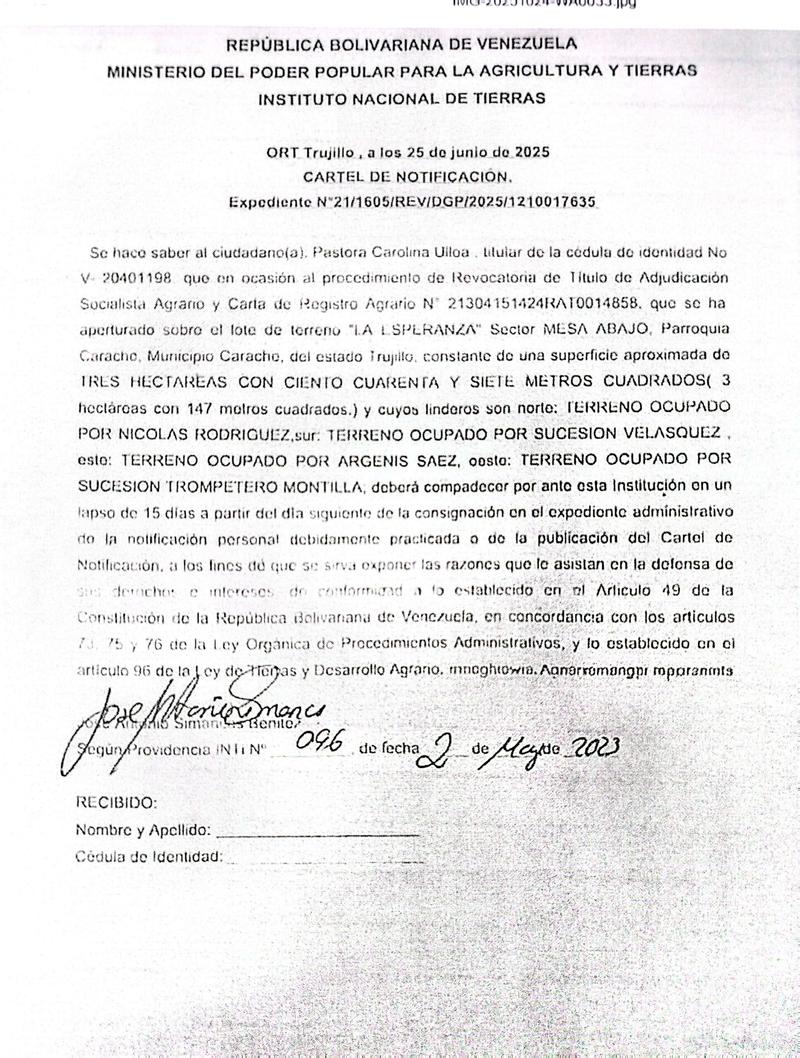 Cartel de notificación a la ciudadana Pastora Carolina Ulloa, titular de la cédula de identidad No V-20401198 Cartel de notificación a la ciudadana Pastora Carolina Ulloa, titular de la cédula de identidad No V-20401198