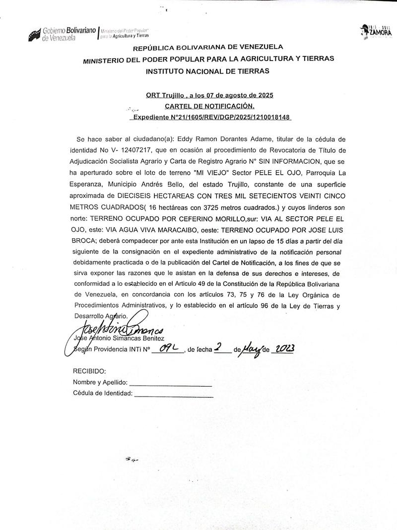 Cartel de notificación al ciudadano: Eddy Ramon Dorantes Adame, titular de la cédula de identidad No V- 12407217 Cartel de notificación al ciudadano: Eddy Ramon Dorantes Adame, titular de la cédula de identidad No V- 12407217