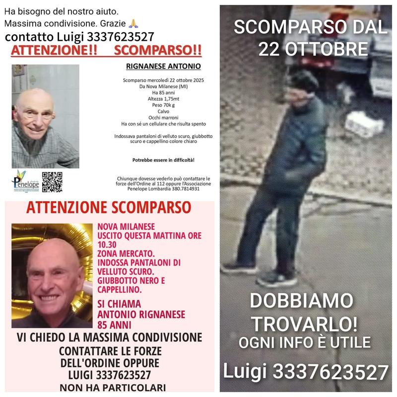 Scomparso Antonio Rignanese, ricerche in tutta la Brianza. Ore d’ansia a Nova Milanese