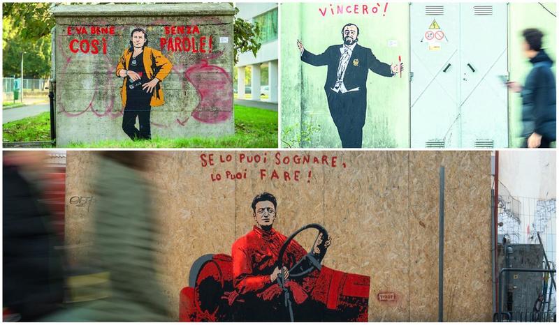 Vasco, Pavarotti ed Enzo Ferrari: le opere di Tvboy, il “Banksy italiano”, a Modena