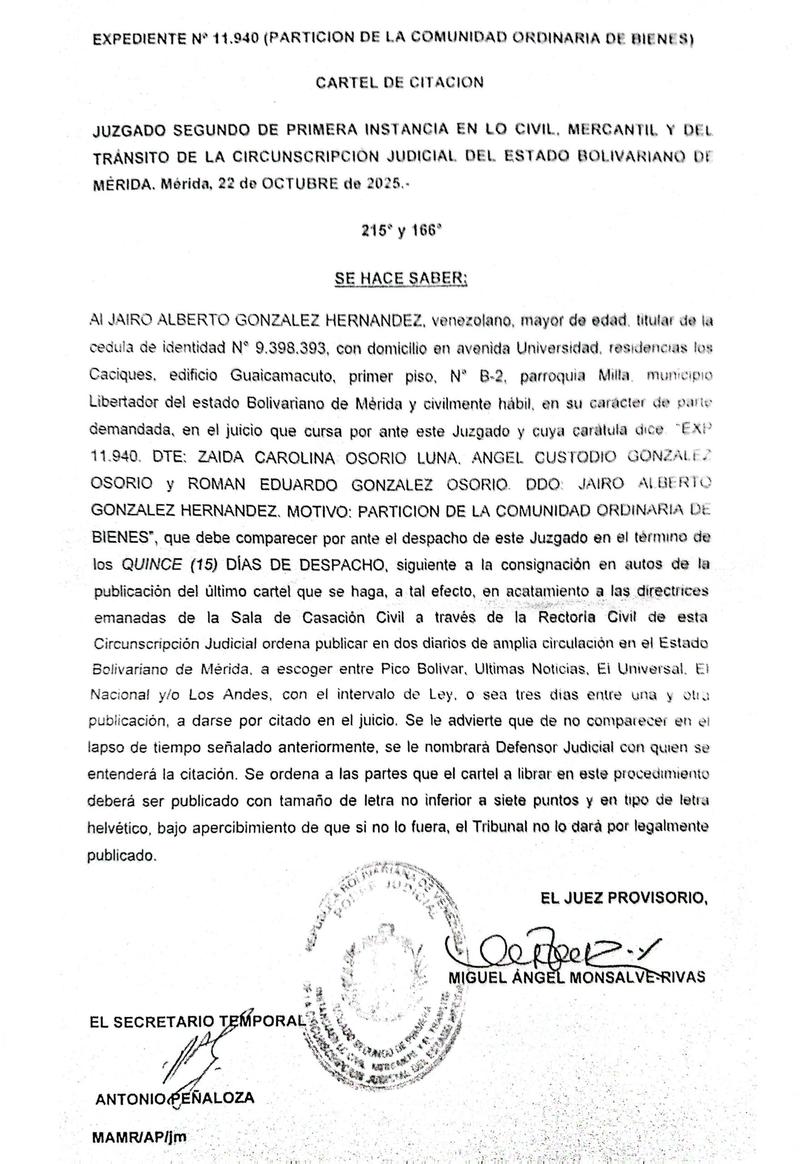 Cartel de citación al ciudadano JAIRO ALBERTO GONZALEZ HERNANDEZ, titular de la cedula de identidad N° 9.398.393 Cartel de citación al ciudadano JAIRO ALBERTO GONZALEZ HERNANDEZ, titular de la cedula de identidad N° 9.398.393