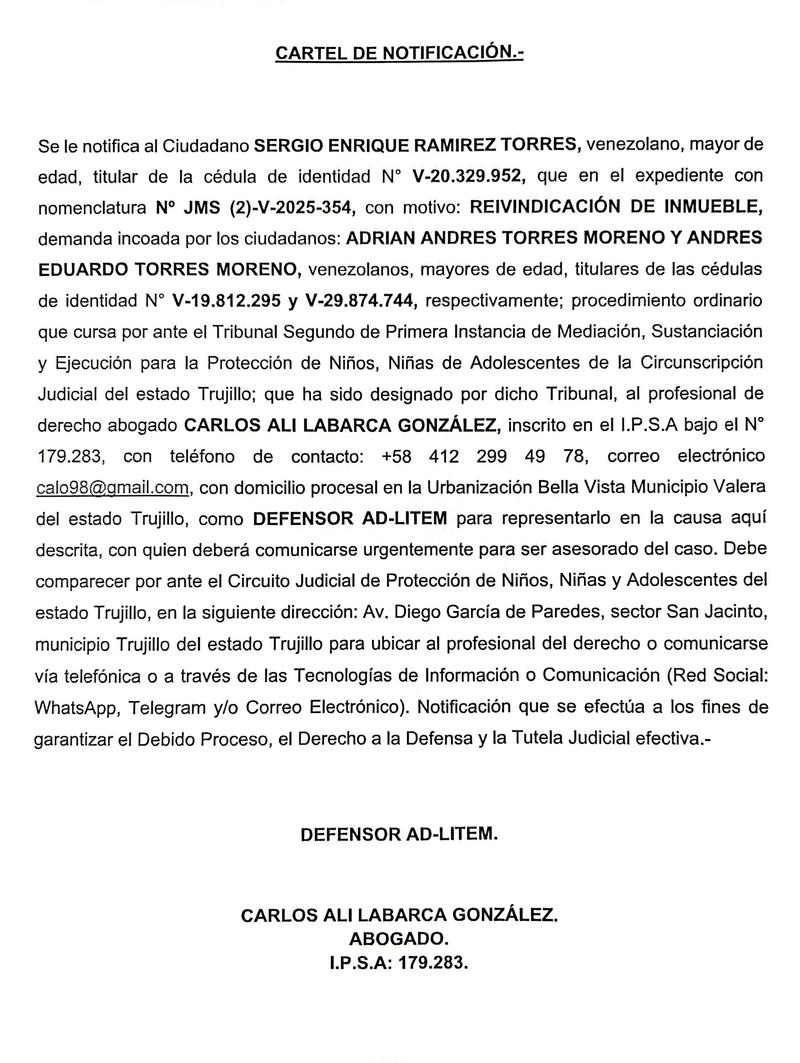 Cartel de notificación al Ciudadano SERGIO ENRIQUE RAMIREZ TORRES, titular de la cédula de identidad N° V-20.329.952 Cartel de notificación al Ciudadano SERGIO ENRIQUE RAMIREZ TORRES, titular de la cédula de identidad N° V-20.329.952