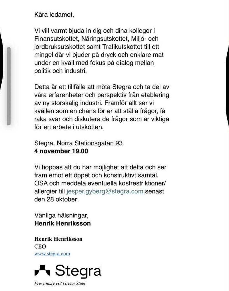 Sandström: Mitt i krisen – Stegra bjuder in riksdagsledamöter på middag