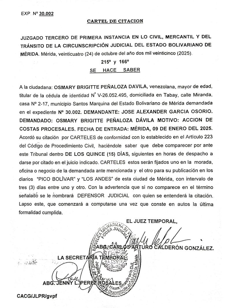Cartel de citación a la ciudadana OSMARY BRIGITTE PEÑALOZA DAVILA, titular de la cédula de identidad N° V-26.052.495 Cartel de citación a la ciudadana OSMARY BRIGITTE PEÑALOZA DAVILA, titular de la cédula de identidad N° V-26.052.495