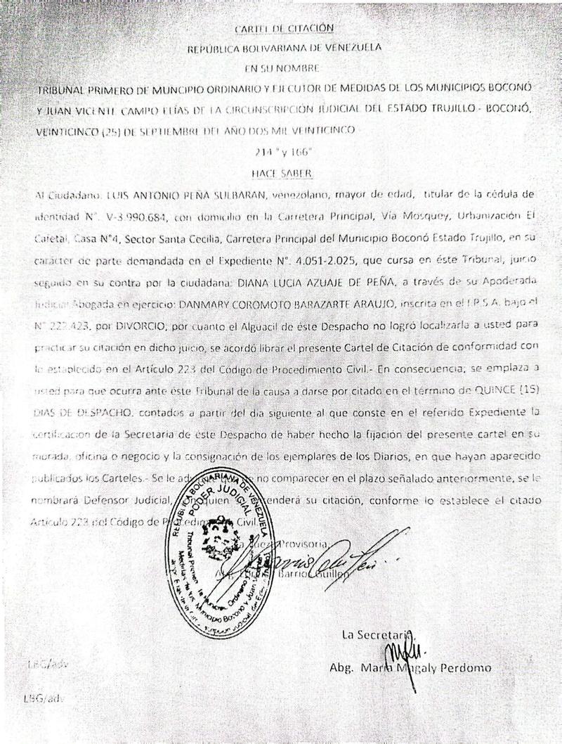 Cartel de citación al ciudadano LUIS ANTONIO PEÑA SULBARAN, titular de la cédula de identidad N° V-3.990.684 Cartel de citación al ciudadano LUIS ANTONIO PEÑA SULBARAN, titular de la cédula de identidad N° V-3.990.684