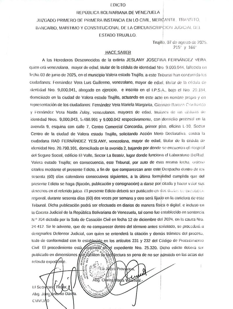 Edicto. Se hace saber a los Herederos Desconocidos de la extinta JESLANY JOSEFINA FERNÁNDEZ VERA, quien era titular de la cédula de identidad Nro. 9.000.044 (05-11-2025) Edicto. Se hace saber a los Herederos Desconocidos de la extinta JESLANY JOSEFINA FERNÁNDEZ VERA, quien era titular de la cédula de identidad Nro. 9.000.044 (05-11-2025)