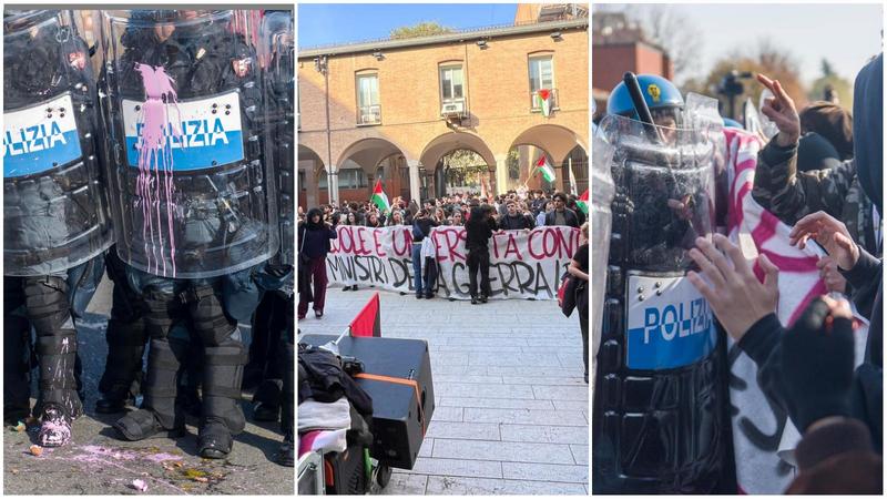 Sciopero, il corteo diretto in Fiera respinto con gli scudi dalla polizia sul ponte di San Donato. Lancio di uova da parte dei manifestanti/