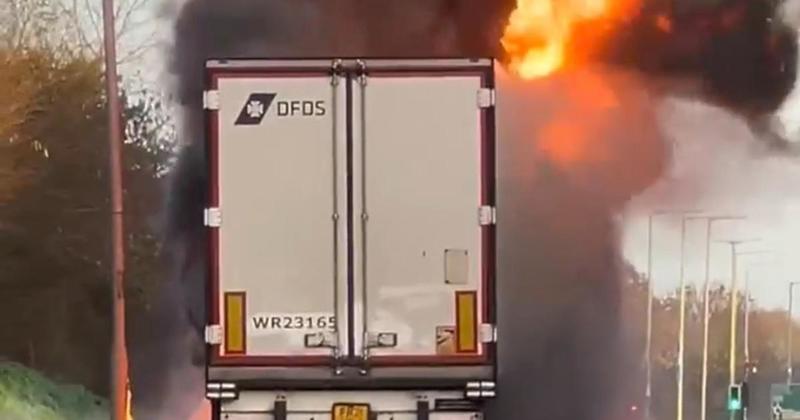 HGV catches fire as it drives through town during rush hour