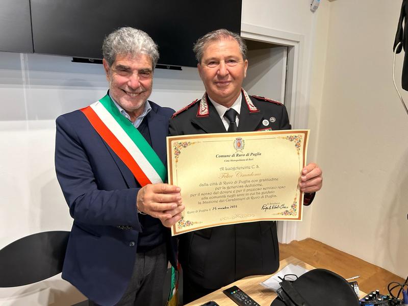 Il comandante Felice Cimadomo va in pensione: l’omaggio del Comune di Ruvo di Puglia Le foto