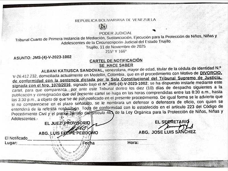 Cartel de notificación a la ciudadana ALBANI KATIUSCA SANDOVAL, titular de la cédula de identidad N.° V-26.412.232 Cartel de notificación a la ciudadana ALBANI KATIUSCA SANDOVAL, titular de la cédula de identidad N.° V-26.412.232