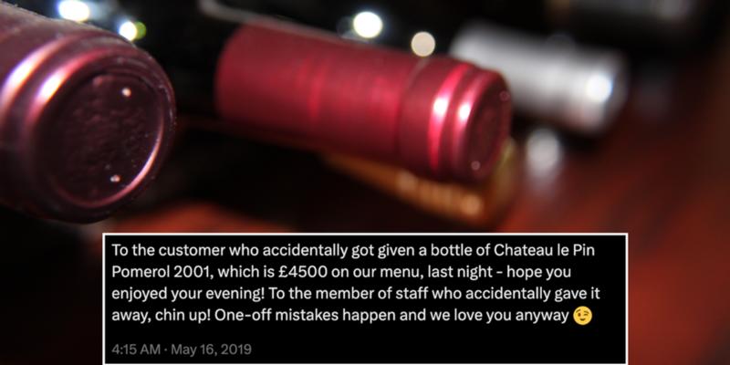 A mortified server accidentally gave customer a $5,750 bottle of wine. Her manager had her back.