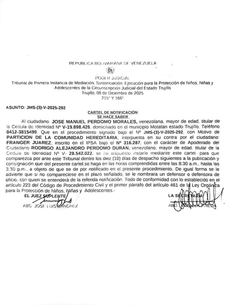 Cartel de notificación al ciudadano: JOSE MANUEL PERDOMO MORALES, titular de la Cédula de Identidad N° V-19.898.426 Cartel de notificación al ciudadano: JOSE MANUEL PERDOMO MORALES, titular de la Cédula de Identidad N° V-19.898.426
