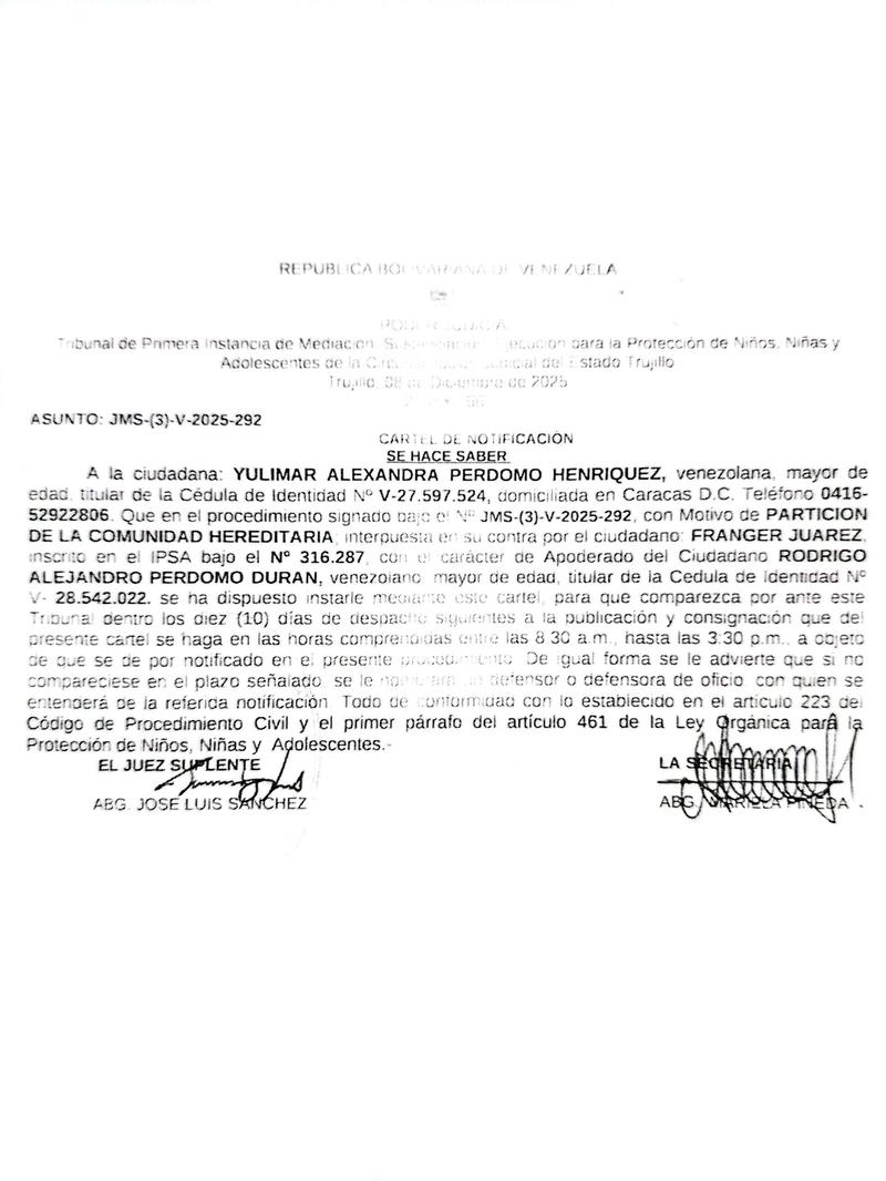 Cartel de notificación a la ciudadana: YULIMAR ALEXANDRA PERDOMO HENRIQUEZ, titular de la Cédula de Identidad N° V-27.597.524 Cartel de notificación a la ciudadana: YULIMAR ALEXANDRA PERDOMO HENRIQUEZ, titular de la Cédula de Identidad N° V-27.597.524