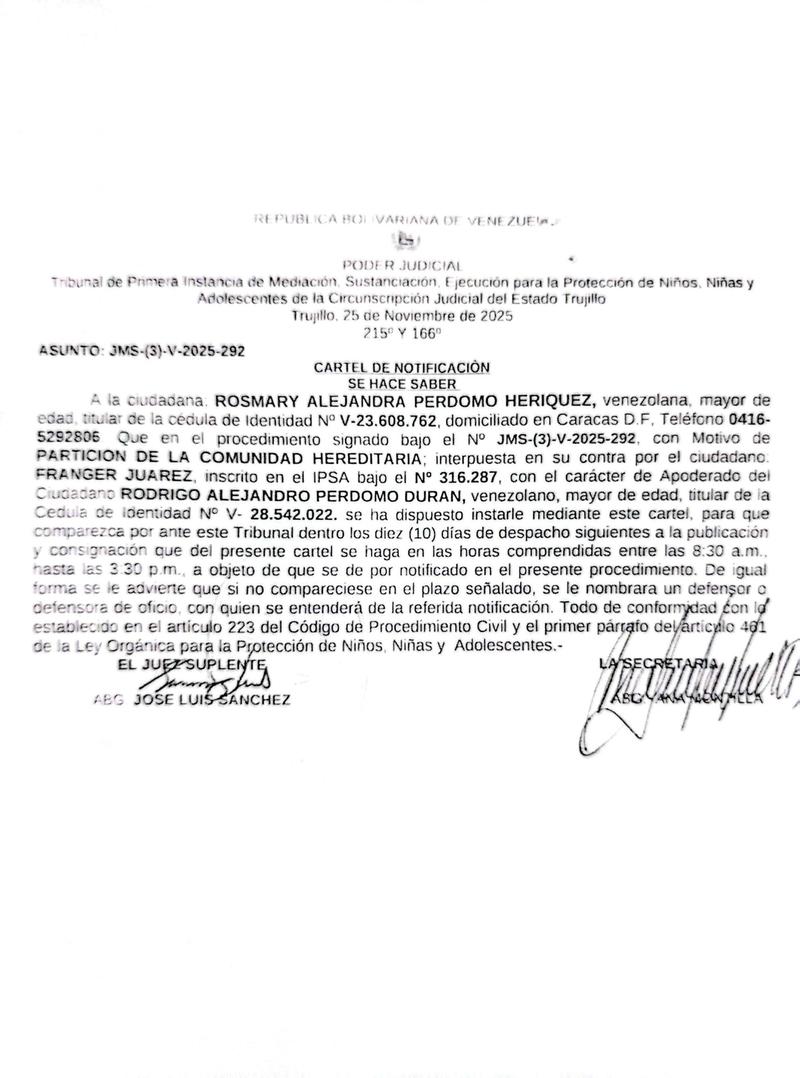 Cartel de notificación a la ciudadana: ROSMARY ALEJANDRA PERDOMO HERIQUEZ, titular de la cédula de Identidad N° V-23.608.762 Cartel de notificación a la ciudadana: ROSMARY ALEJANDRA PERDOMO HERIQUEZ, titular de la cédula de Identidad N° V-23.608.762