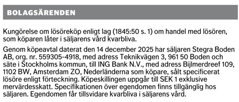Stegra säljer lösöre till holländsk bank – för 1 krona Stegra säljer lösöre till holländsk bank – för 1 krona