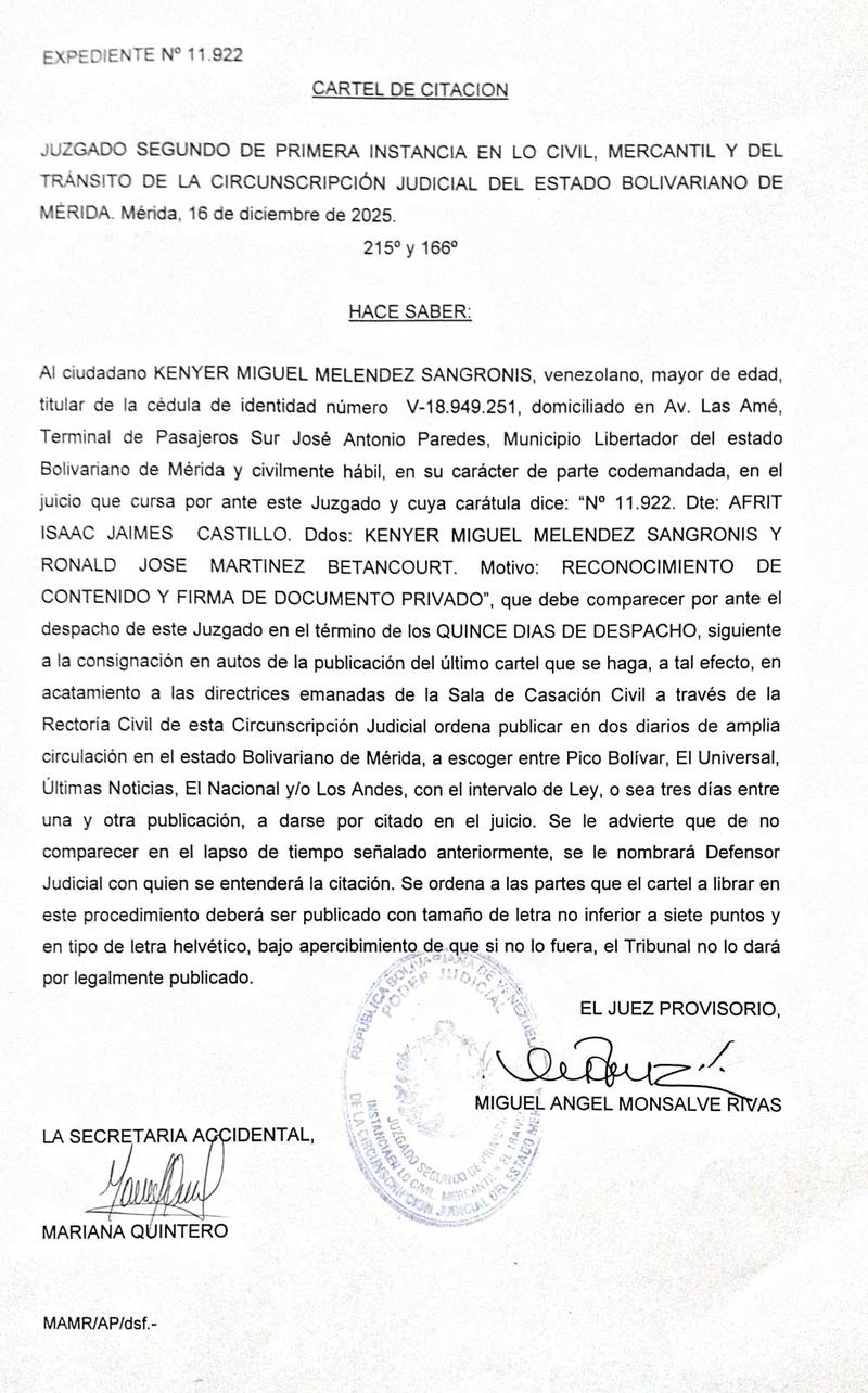 Cartel de citación se hace saber al ciudadano KENYER MIGUEL MELENDEZ SANGRONIS, titular de la cédula de identidad número V-18.949.251