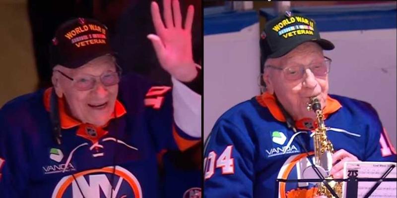 104-year-old WWII veteran's haunting saxophone 'Star Spangled Banner' rendition stuns stadium crowd