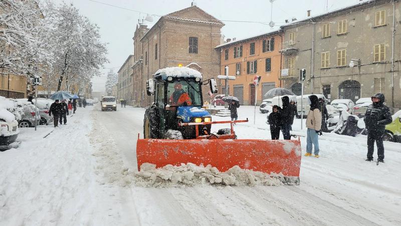 Venti centimetri di neve a Faenza, strage di rami che sfiorano due passanti