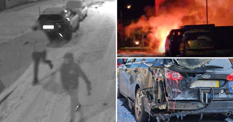 Blood-curdling screams as men smash car with hammer and spark fireball blaze